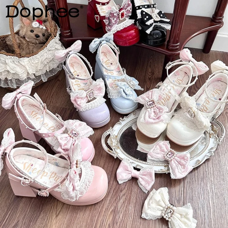 

Princess Pink High Heels Spring and Autumn Girls' Cute Big Bow Sweet Elegant Lolita Mary Jane Shoes Women's Wedding High Heels