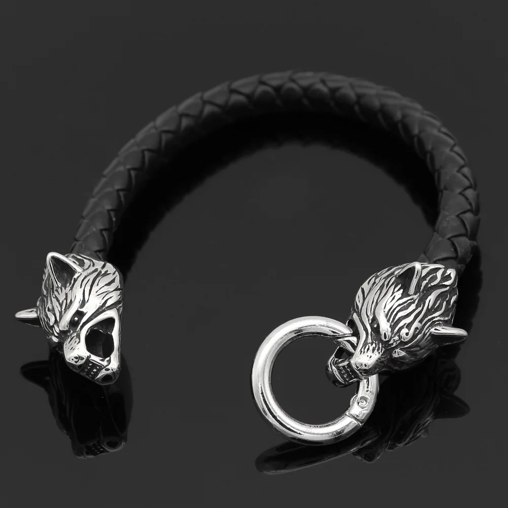 Domineering Nordic Viking Celtic Double Wolf Head Leather Bracelet Men's Punk Trendy Cool Jewelry