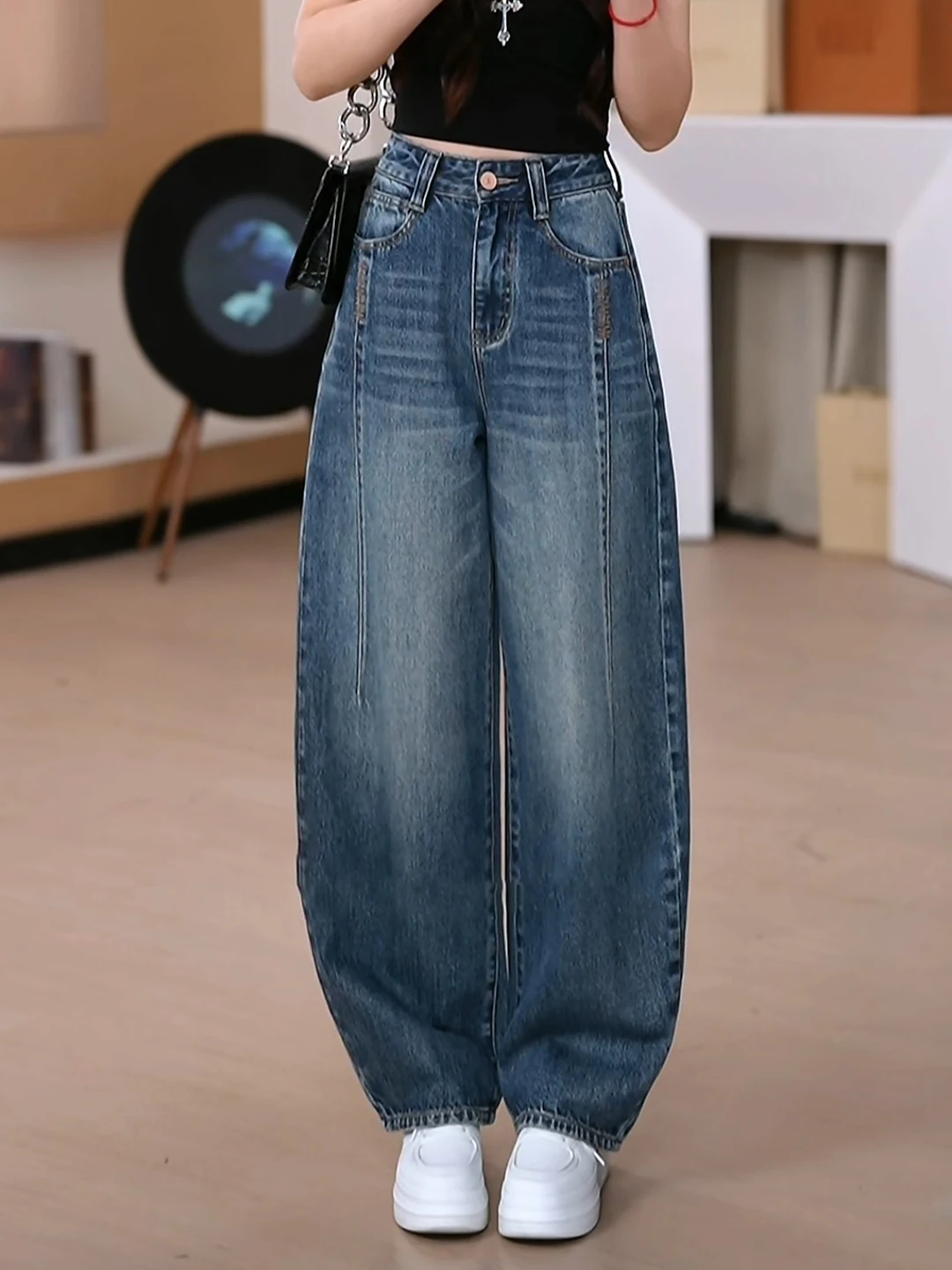 

Женские джинсы с высокой талией и широкими штанинами, повседневные, весна-осень, новинка, утягивающие, свободного кроя, с декоративной строчкой, узкая версия