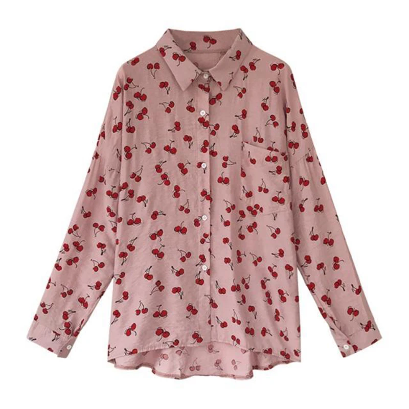 Spring Autumn Cherry Print Sweet Oversized Casual Shirt Ladies Single Breasted Long Sleeve Blouse Top Women Elegant Wild Blusa