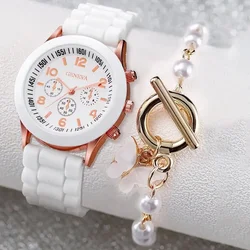 2PCS/Set Women's Watch Casual Silicone Band Analog Quartz Watches Pearls Butterfly Bracelet Set