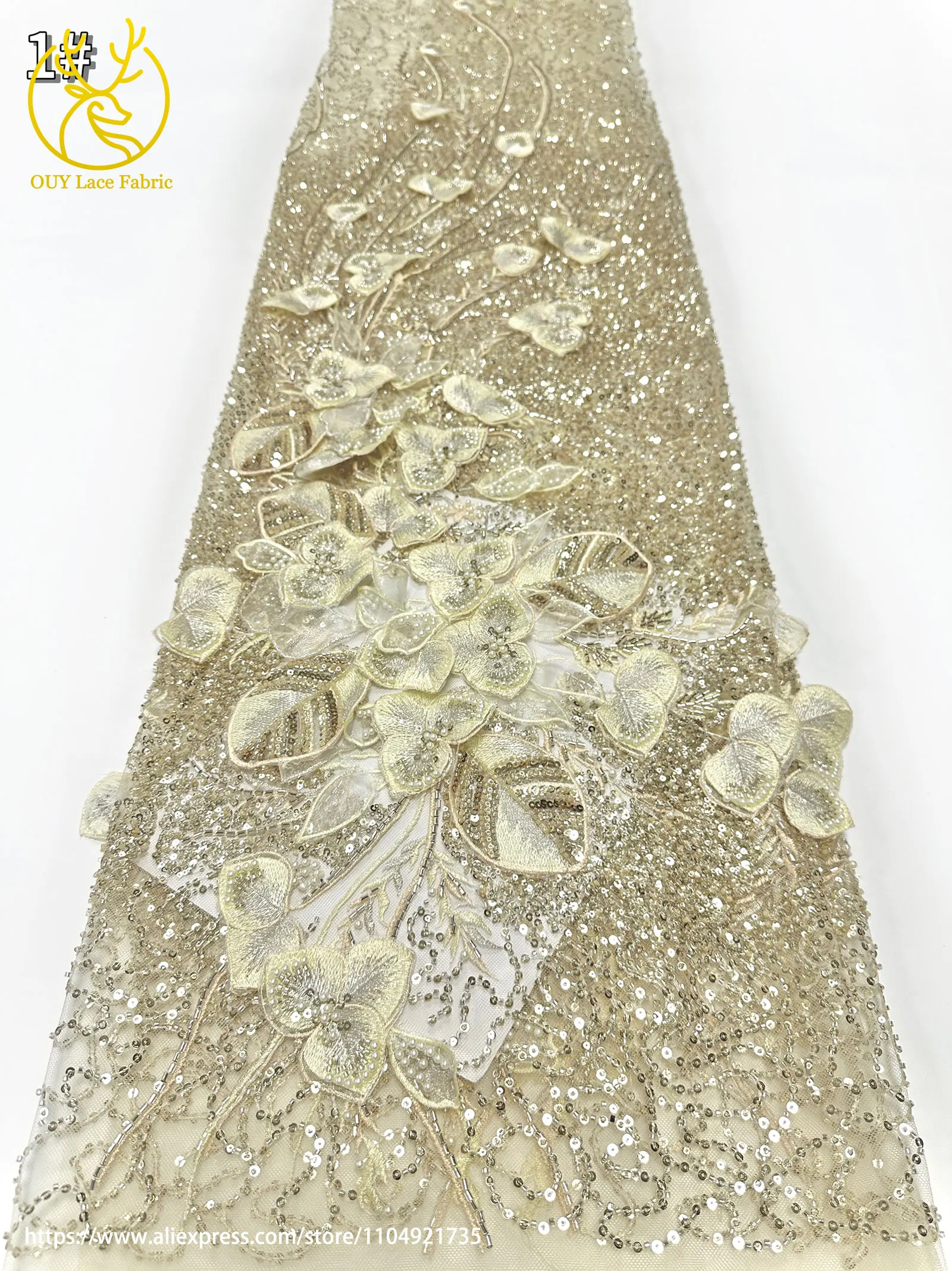 Französischer Luxus 3D-Blumen-Stickerei-Spitzenstoff 2026 Afrika Nigeria Pailletten-Perlen-Spitzenstoff für Braut-Hochzeitskleid Nähen – Detail 13