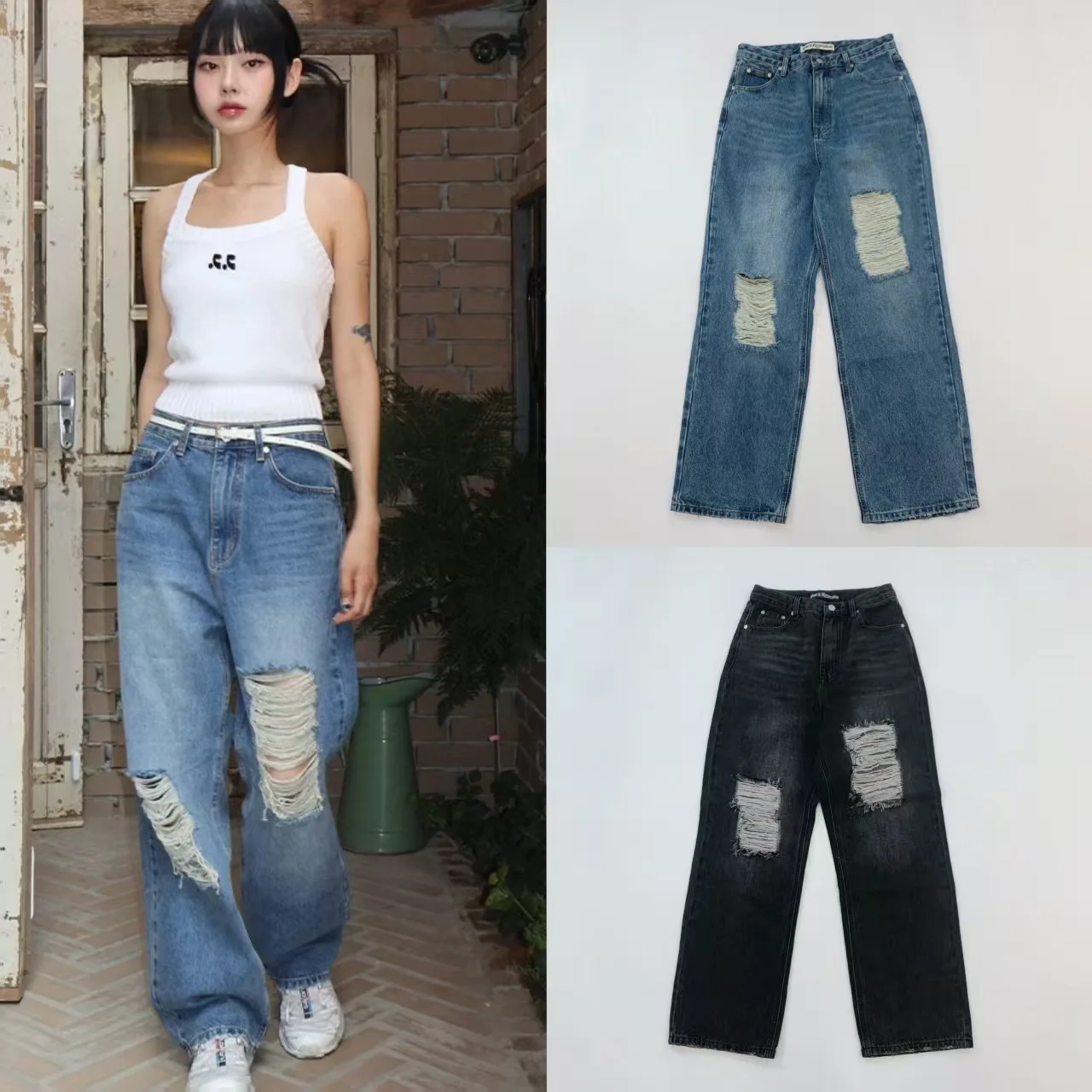 

Jeans Women Wide Leg Pants Hole Denims Mid Waist Distressed Washed Pockets Floor Length 2025 Streetwear Straight Trousers