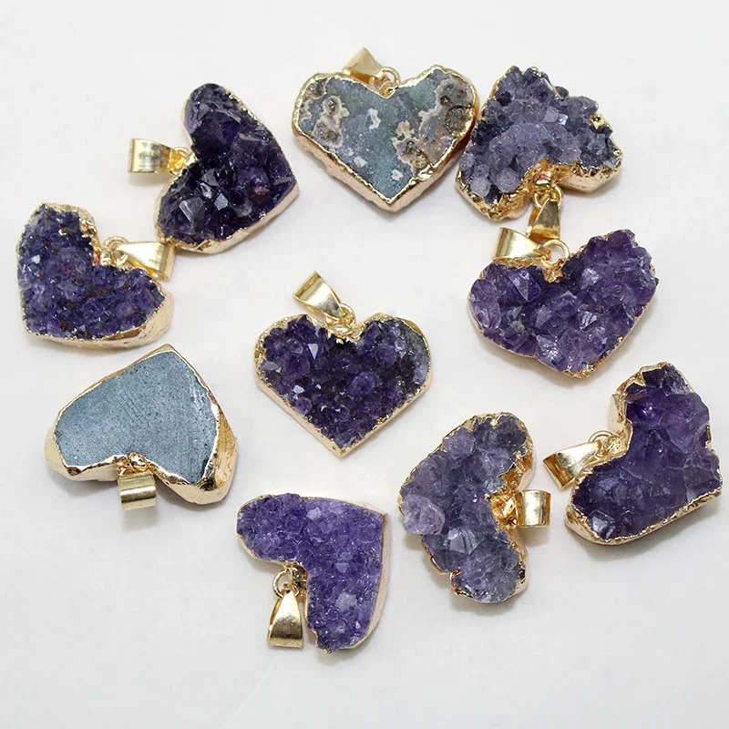 4 Pcs New Fashion Natural Amethyst Crystal Cluster Irregular Heart-shaped Pendant Reiki Stone for DIY Earrings Jewelry Making