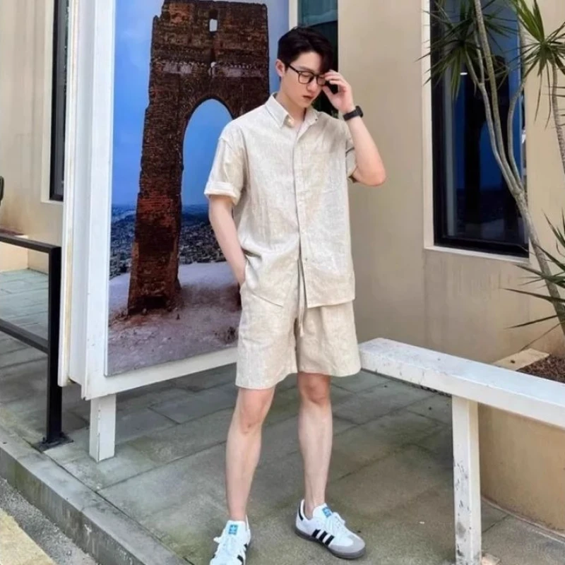 

Elegant Men's Linen Cotton Casual Set Summer Two Piece Short Sleeve Shirt Shorts Plus Size 150kg