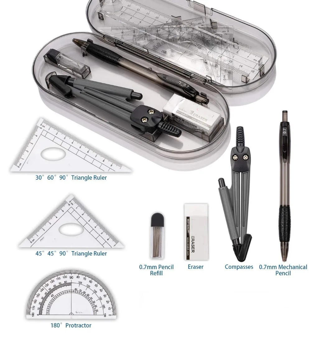 Math Geometry Kit Set 8PCS Student Supplies with Shatterproof Storage Box for Engineering Drawing Compass Protractor Ruler