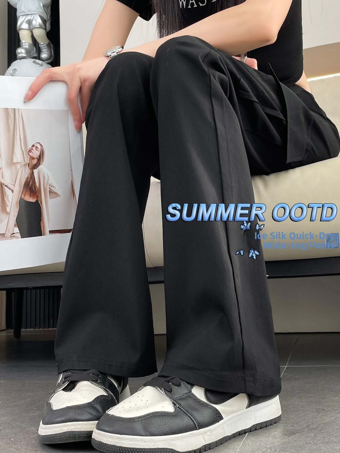 

Рабочие брюки-колокольчики из ледяного шелка, женские летние тонкие утягивающие брюки с высокой талией, повседневные спортивные расклешенные брюки в Корейском стиле