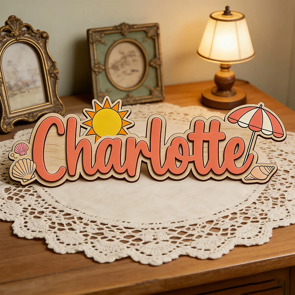 Custom Beach Sun Umbrella Seashell Name Door Sign for Girls Bedroom Personalized Tropical Beach Themed Wooden Nursery Plaque