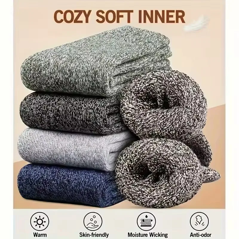3/5 Pairs Winter Socks Thick Warm High Quality Harajuku Retro Snow Casual Antifreeze Cashmere Socks Men Size 38-43
