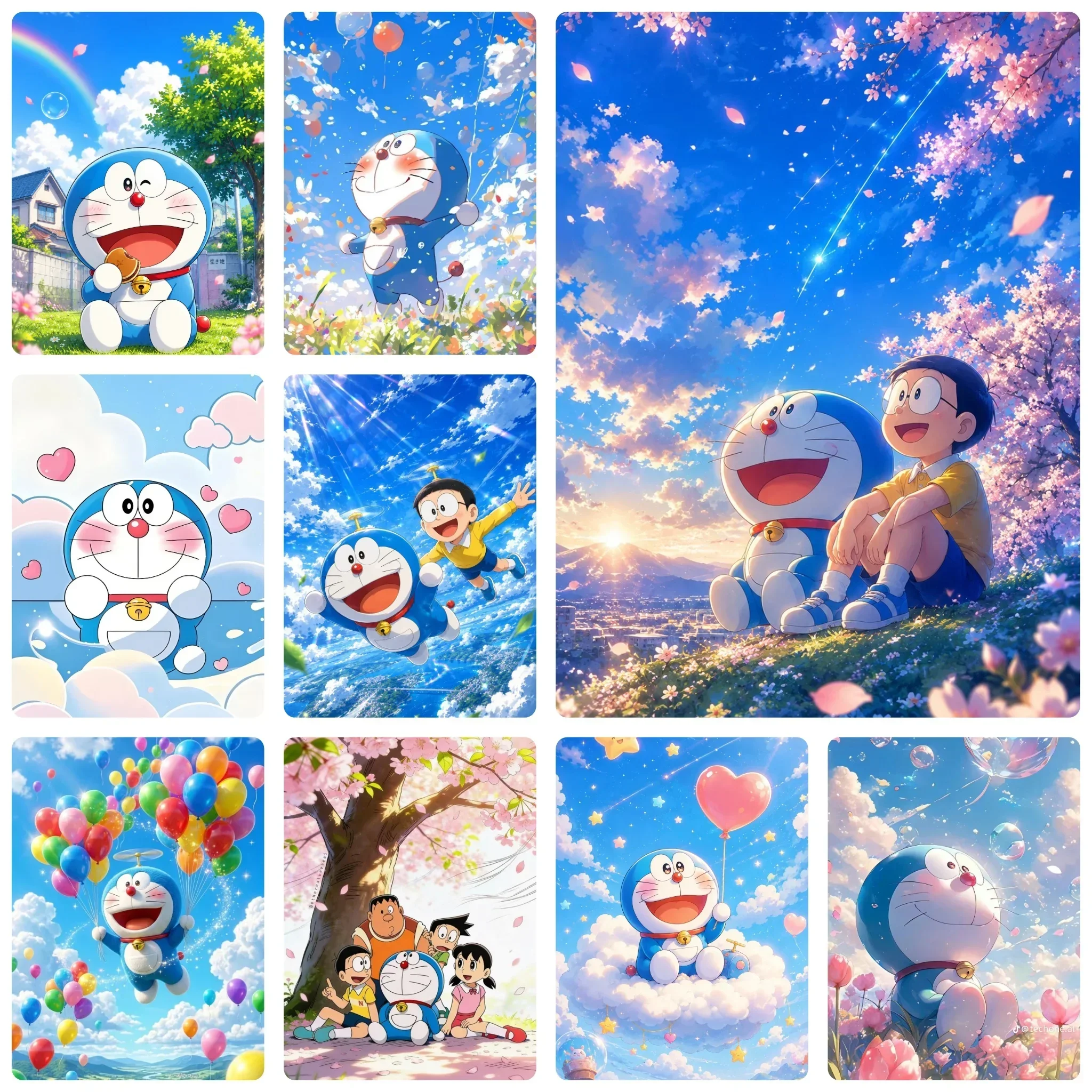 DIY Doraemon Anime Diamond Painting, Heartwarming With Sakura Cherry Blossom And Bright Blue Sky for Living Room Decor & Gift