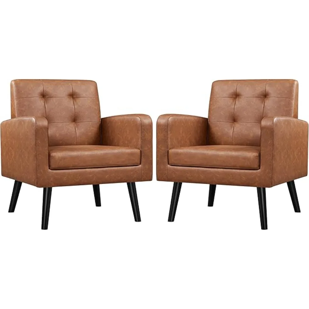 Mid-Century Accent Chairs, Modern Upholstered Living Room Chair, Cozy Armchair Button Tufted Back and Wood Legs