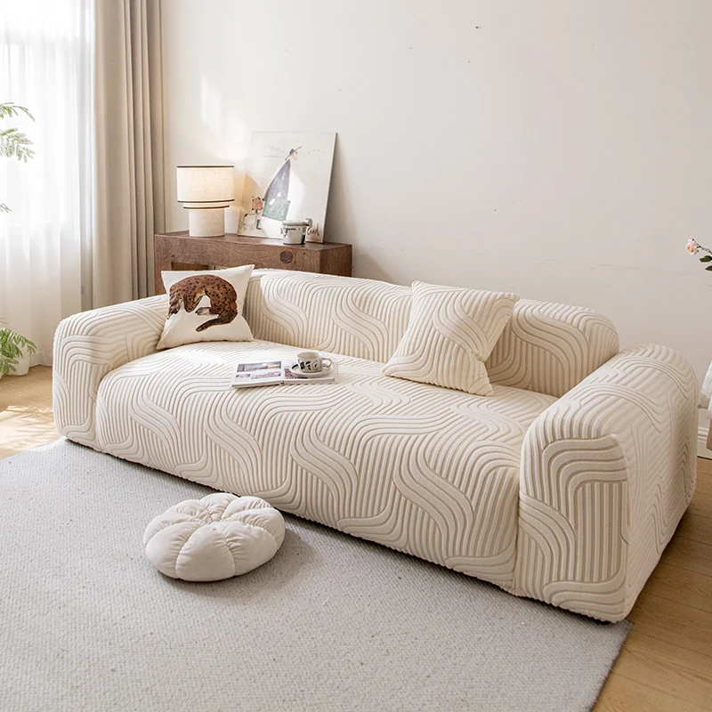 1pc Elastic Sofa Slipcover Corn Velvet Striped Stretch Sofa Cover Soft Furniture Protector Machine Washable for Living Room