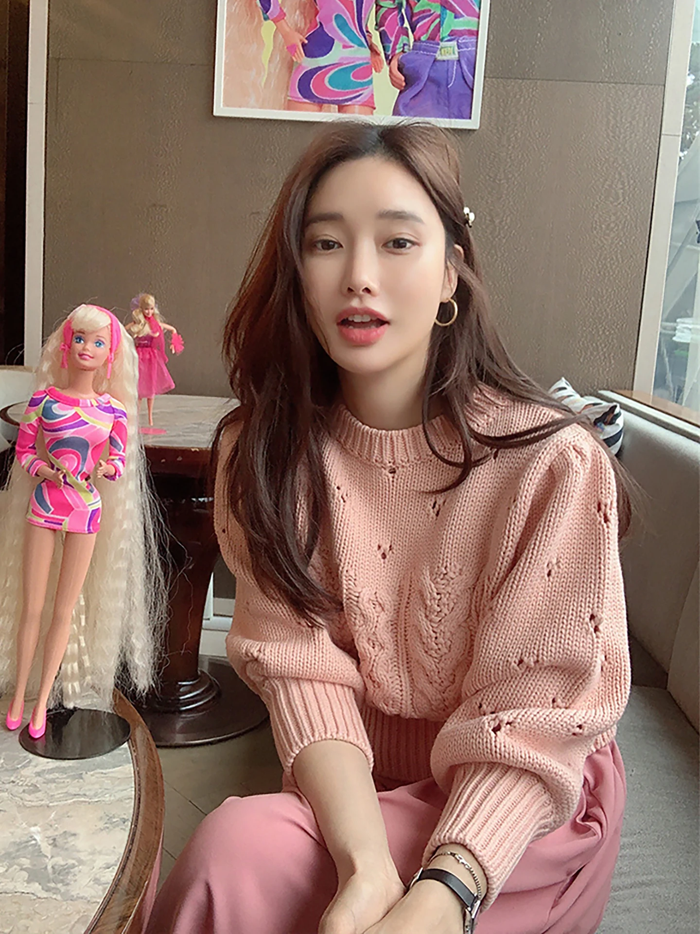 

Мягкий женский вязаный свитер Dongda Gate, маленький размер, ажурная верхняя одежда, розовая верхняя одежда, круглый свитер Ne для поездок на работу