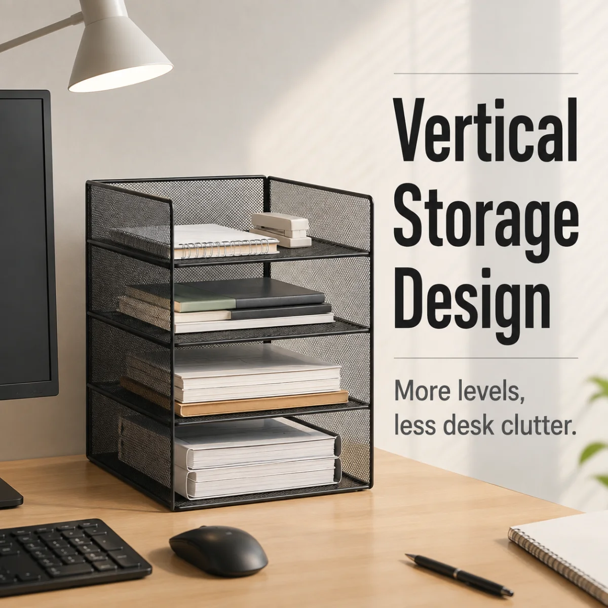 Four-layer metal mesh desk file storage rack, with large-capacity A4 paper trays for storage,suitable for home office,students