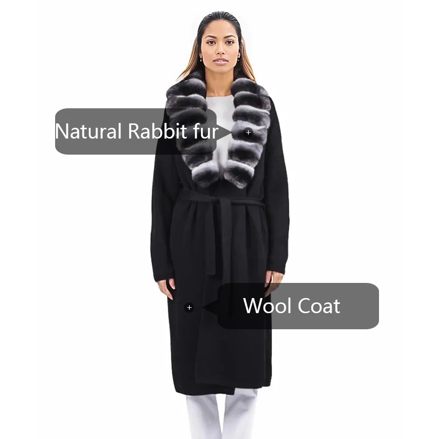 Nuovo cappotto in cashmere da donna misto lana lungo donna inverno nero cincillà Rex pelliccia di coniglio cardigan cappotto