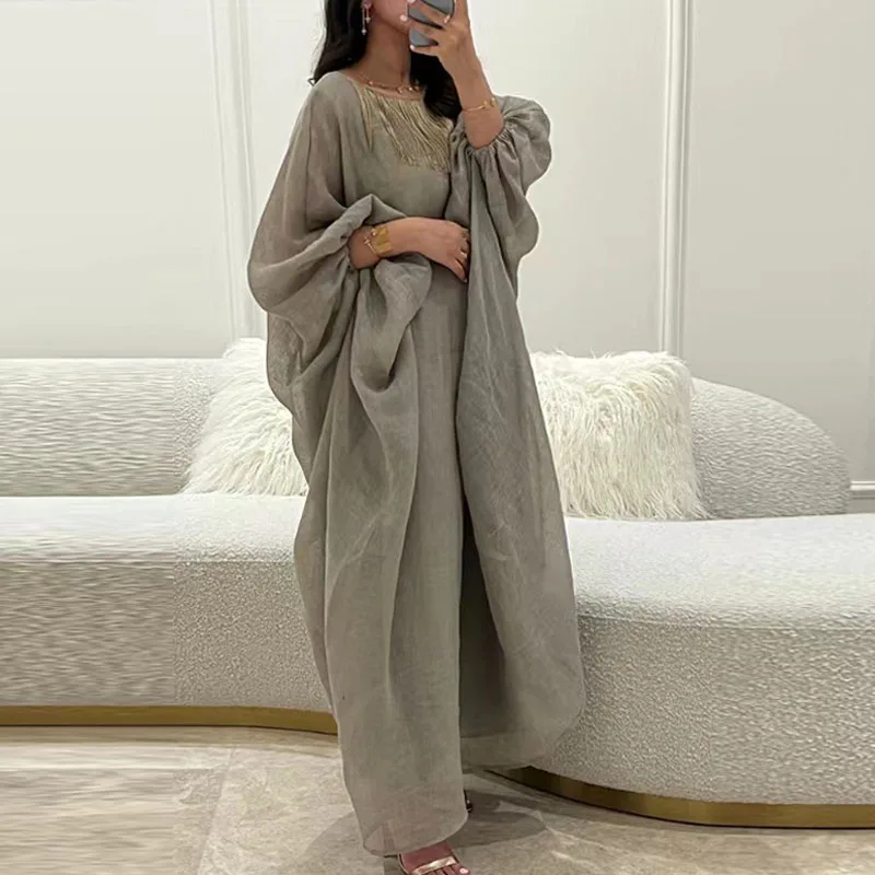 Abito etnico vintage in lino di cotone con nappa solida donna 2023 primavera O collo ampio lungo maxi abito estivo con maniche a lanterna abiti Boho