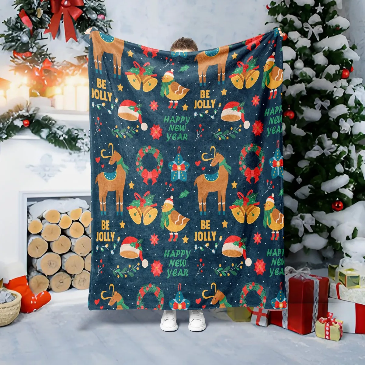 1PC Throw Christmas theme Reindeers Bells Ring Flannel Blanket Xmas Holiday Throw Soft Warm Festival Decor Blankets Pefect Gifts