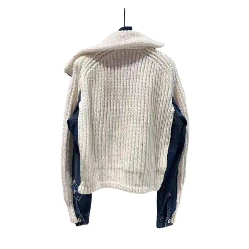 SAC SS26 Color Lapel Long Sleeve Knitted Splicing Sweater Zipper Denim Jacket