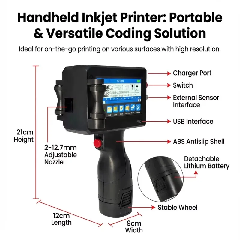 12.7mm Portable Thermal Handheld Inkjet Printer for T‑Shirts PVC Plastic Bag Card Surface Packaging Marking
