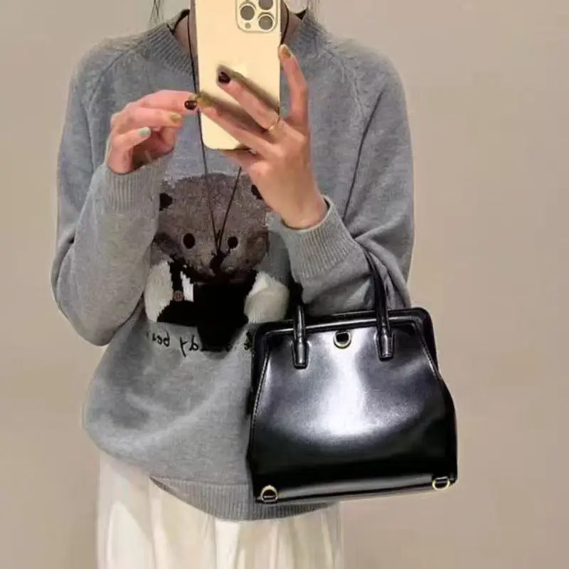 เกาหลีน่ารักหมี Jacquard เสื้อกันหนาวถักเสื้อกันหนาวผู้หญิง Vintage O คอยาวแขนยาวแฟชั่นสบายๆฤดูใบไม้ร่วงเสื้อถักจัมเปอร์ Tops