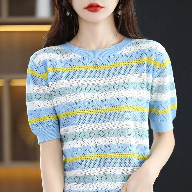 Women Trendy Summer Hollow Striped Sweet Chic Short Sleeve Knitwears Female Korean Style Casual Round Neck Elegant Pullover Tops