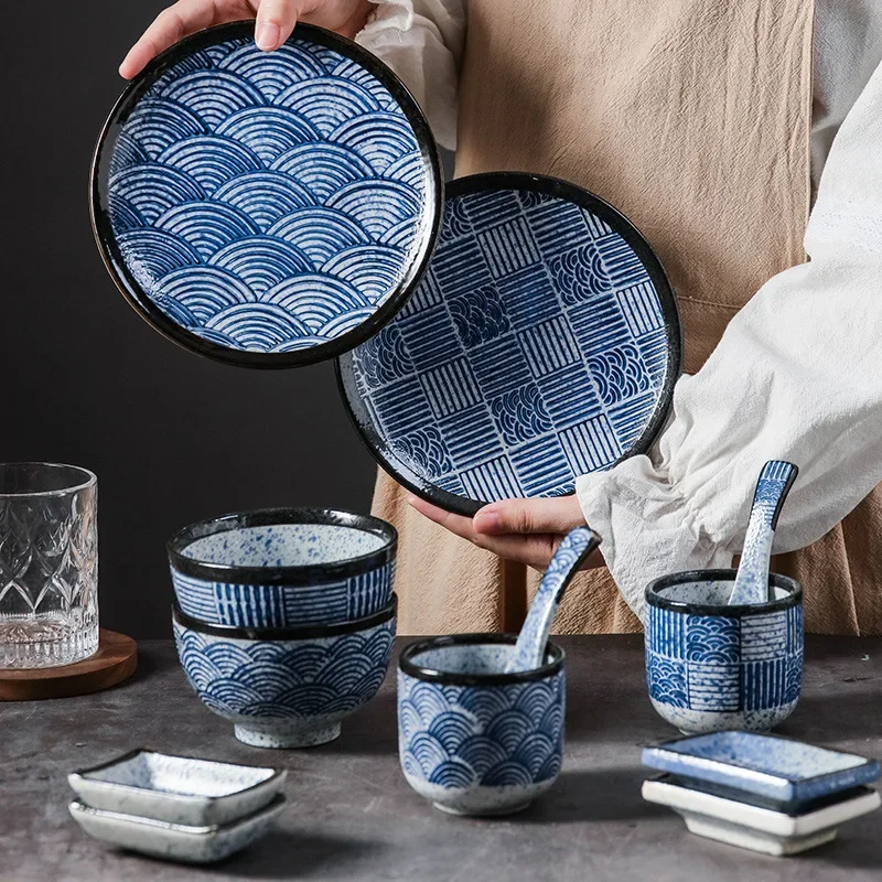 LingAo-Japanese Retro Ceramic Handmade Color Bowl, Dish and Spoon Set