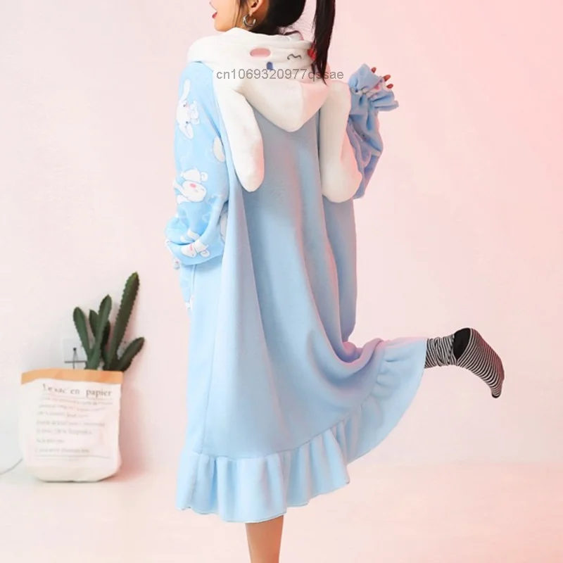 Sanrio Cinnamoroll New 2 Pcs Hooded Pajamas Set Women\'s Cotton Plush Autumn Winter Cartoon Pajamas Student Flannel Home Clothes