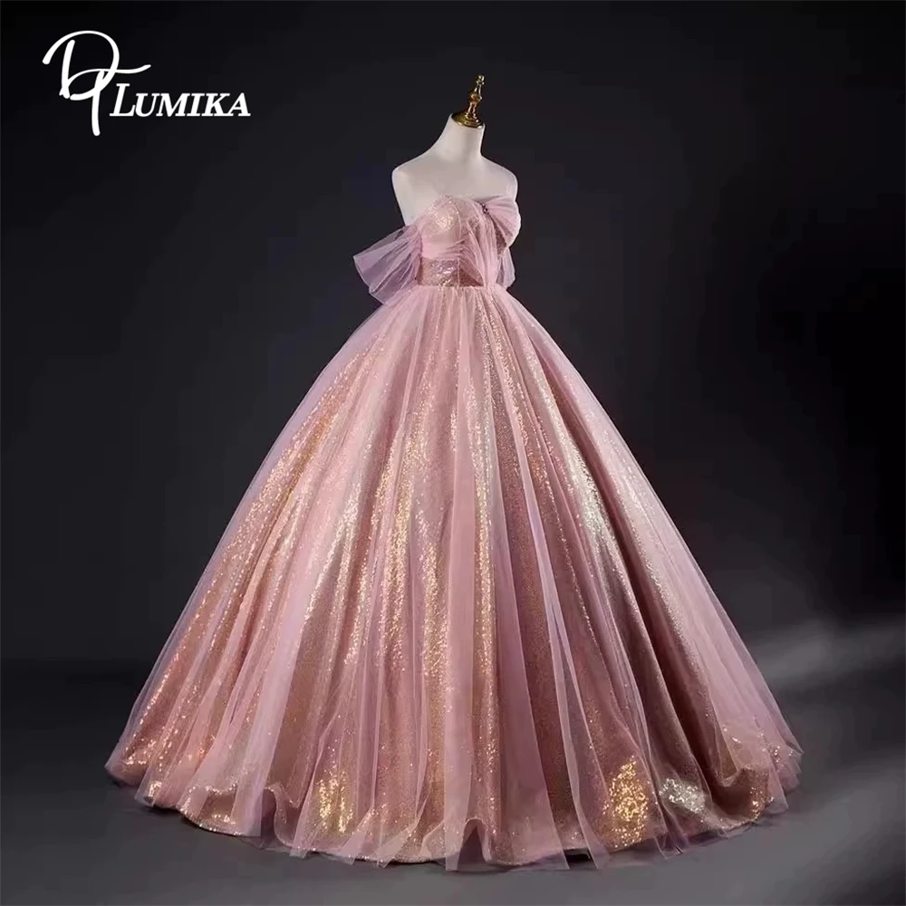 สีชมพูSequins Ball GownชุดราตรีTulleปิดไหล่อย่างเป็นทางการสําหรับผู้หญิงLace-Upกลับหวาน 15 16 ชุดSparkleชุด