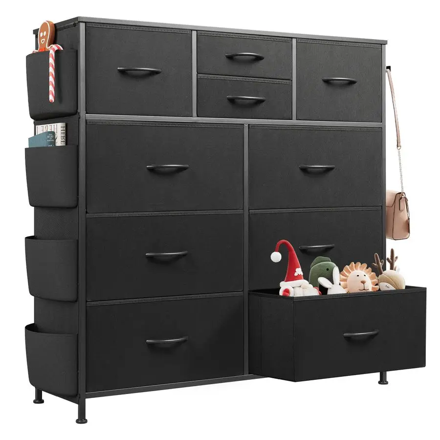 Dresser for Bedroom with 10 Drawers, Fabric Dresser Chest of Drawers with Side Pockets and Hooks, Sturdy Metal Frame, Drawers O