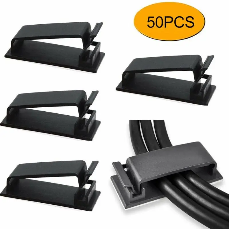 Sujetadores pared, organizador cables, autoadhesivo, Clip gestión cables fijo, 50 Uds.