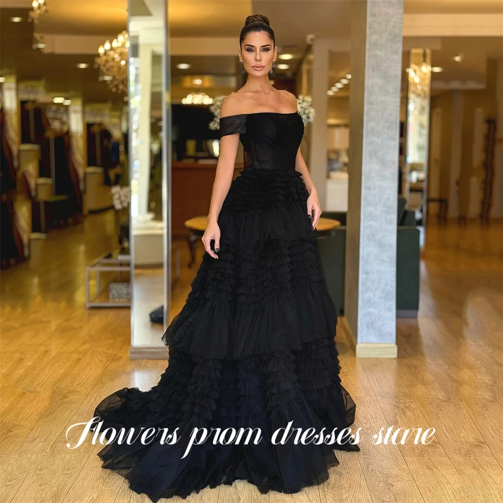 

Flowers Black Prom Dresses Off Shoulder Gala Dress with Train Saudi Arabic Evening Party Gown Tiered Tulle Prom Gown Customized