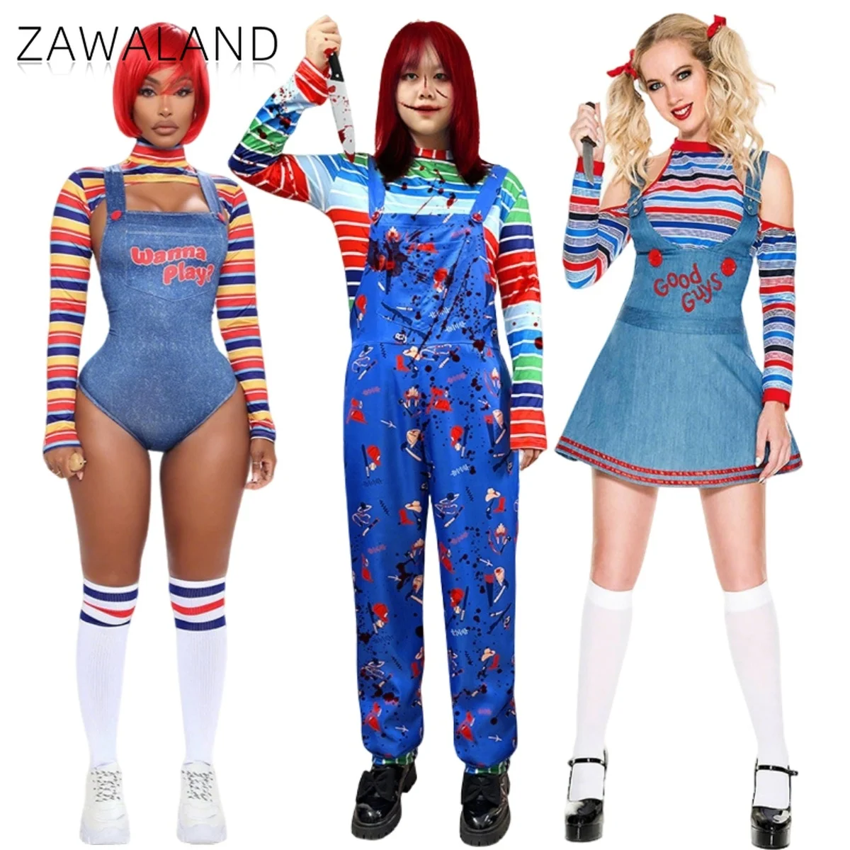 

Doll Cosplay Costume Woman Rainbow Stripes Top Blue Printing Suspender Skirt Horror Movie Role Play Overalls One-piece Swimsuit