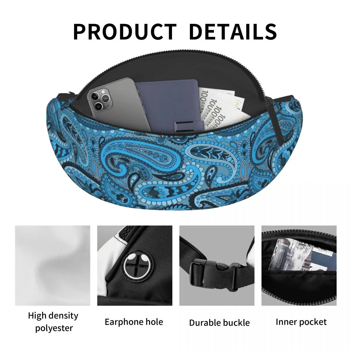 Casual Blue Paisley Padrão Fanny Pack para Ciclismo Camping Homens Mulheres Boho Étnico Floral Crossbody Cintura Saco Telefone Money Pouch