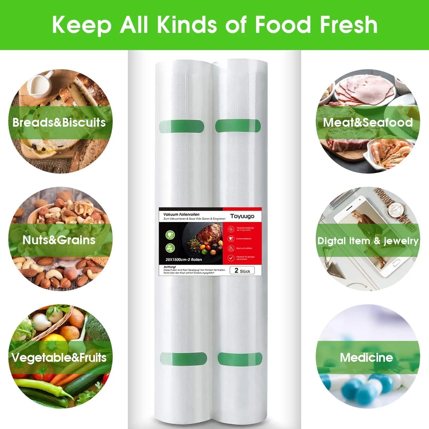 Вакуумные упаковочные пакеты, 2 рулона более толстых сверхмощных коммерческих качественных текстурированных вакуумных упаковочных пакетов для пищевых продуктов Sous Vide Cooking