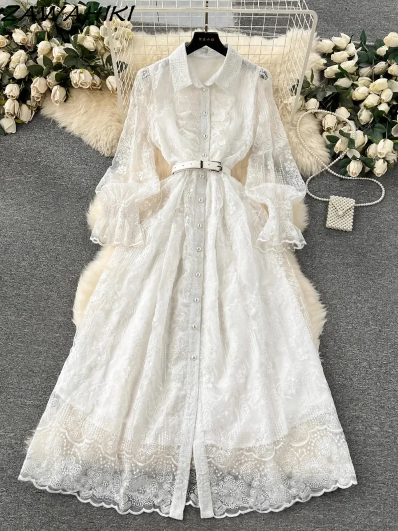 Robe Argent Long White Evening Dress for Women Vestidos Ruffles Retro Lace Heavy Embroidery Hollow Out Bandage Female Clothes