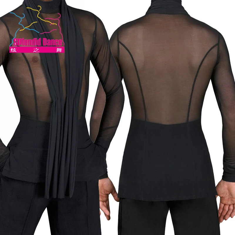 Aangepaste Fantasia Latin Dance Tops Zwart Lange Mouw hoge kwaliteit stretch Shirt Nieuwe Mannen Ballroom Competitieve Shirts