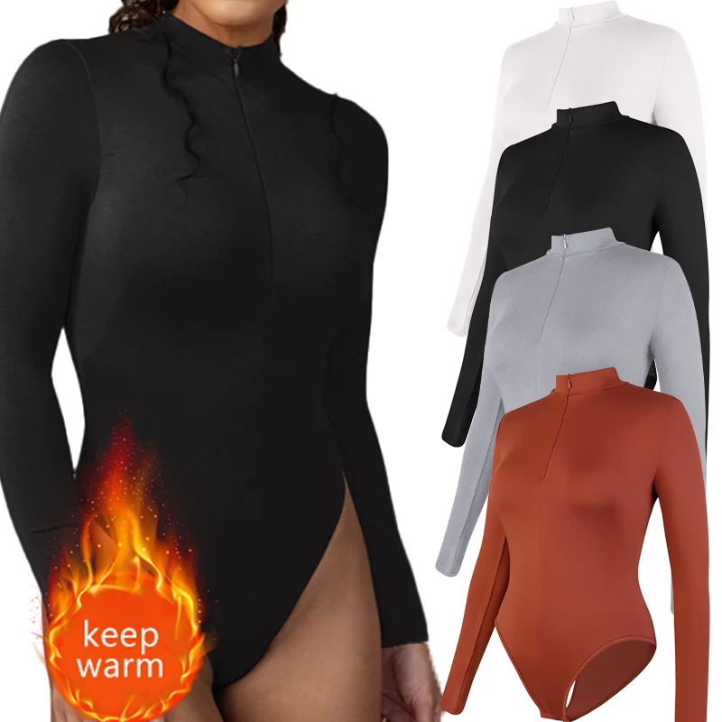 Women Mock Neck Thermal Underwear Compression Long Sleeve Shapewear Sexy Deep V Shaper Slimming Zipper Jumpsuit Warmth Basic