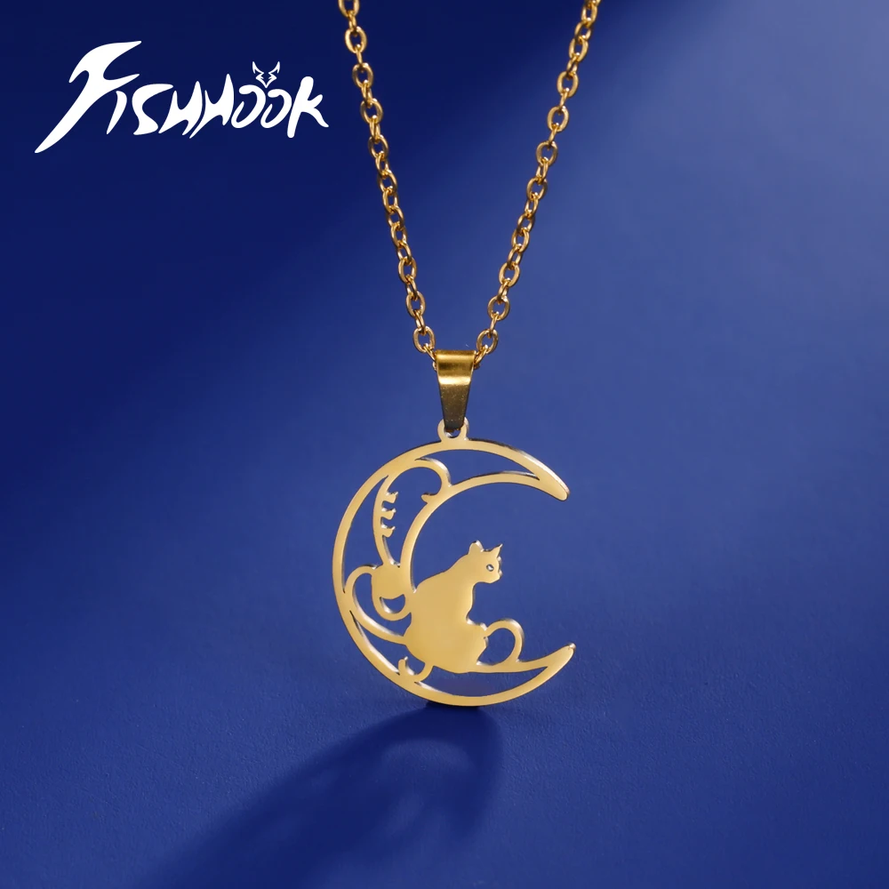 Fishhook Cat Moon Necklace Filigree Chain Supernatural Amulet Gift For Woman Man Stainless Steel Pendant Fashion Jewelry