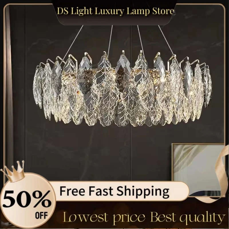 

Modern Luxury Living Room Chandelier: Round Smoky Gray Crystal Indoor Hanging Lamp, Gold LED Bedroom Home Decoration Light Fixtu