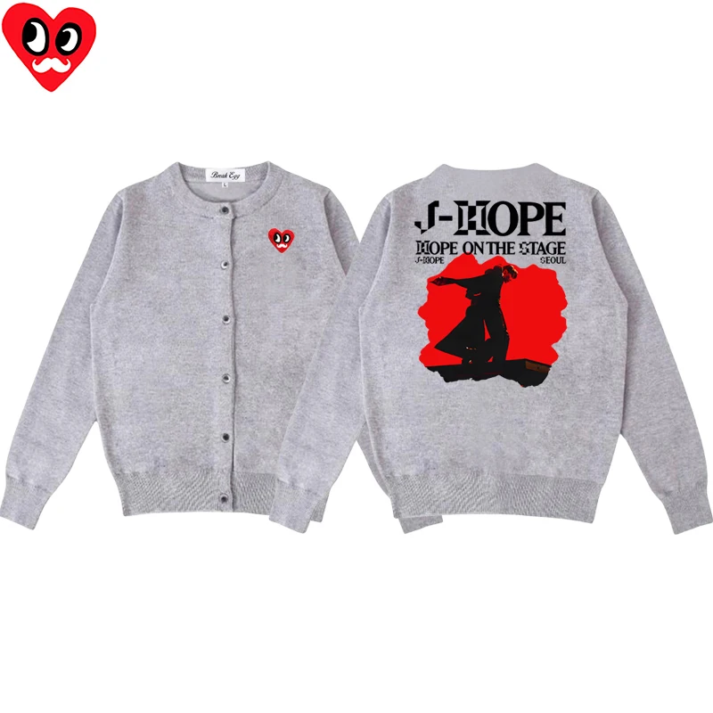 Kpop J-Hope Hope World Tour 2025, bedruckt, Damen-Strickjacke, rote Augen, Bart, Herz-Stickerei, Baumwolle, O-Ausschnitt, einreihiger Pullover