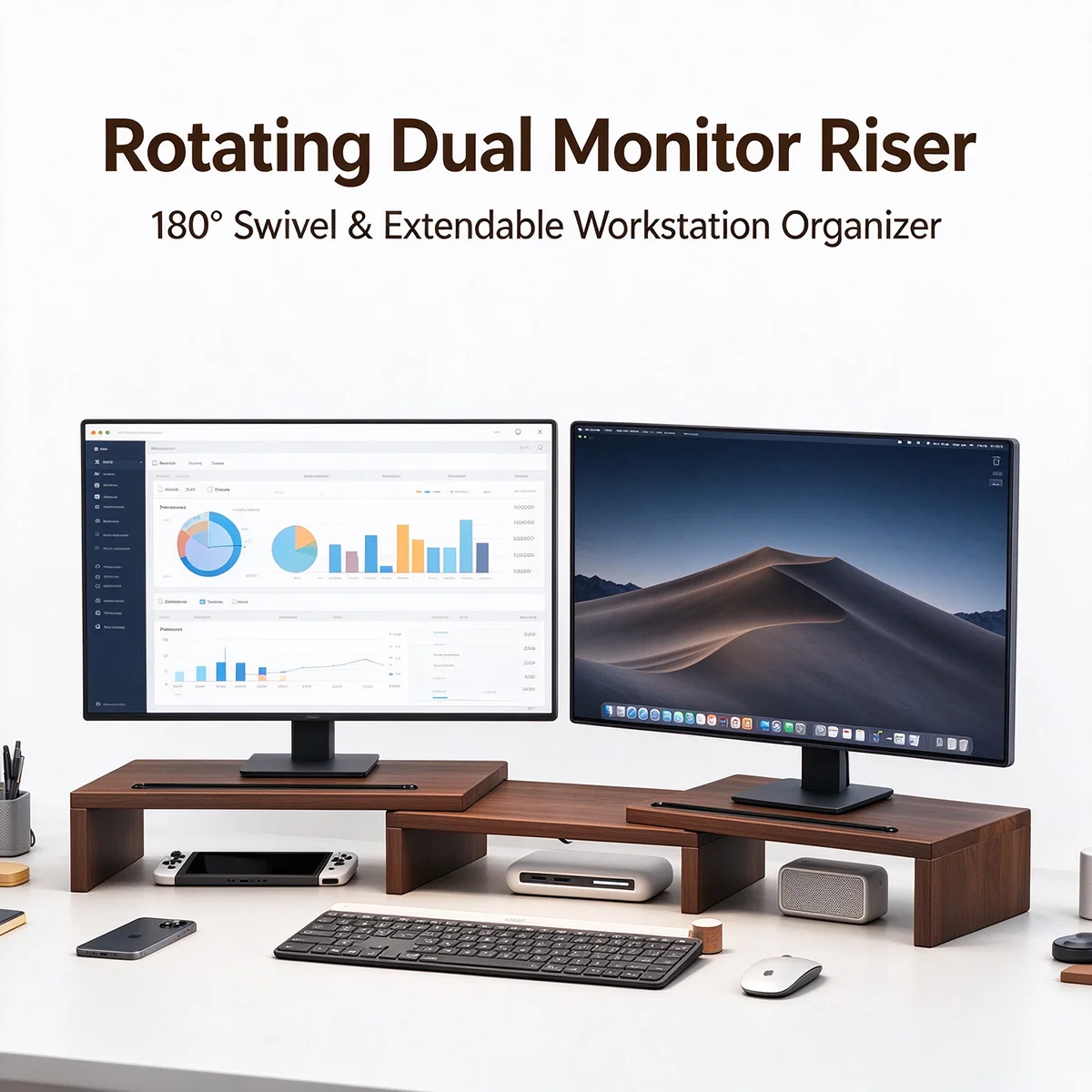 Adjustable Detachable Dual Screen Monitor Riser, Walnut Grain Desktop Organizer with Open Bottom Storage, for Computer, Laptop,