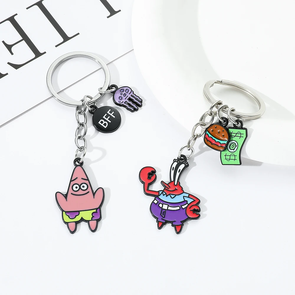 Anime SquarePants Metal Keychain Kawaii Patrick Star Captain Eugene Model Pendant Key Rings for Backpack Ornament