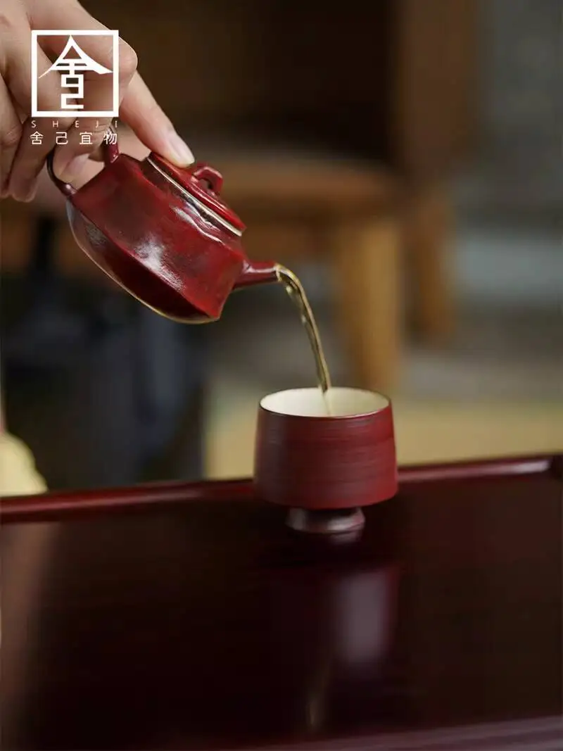 Chinese-Style Retro Personalized For Home Use, Ceramic Tea Set, Hawthorn Red Powder Infuser Teapot, Handmade Handle Teapot
