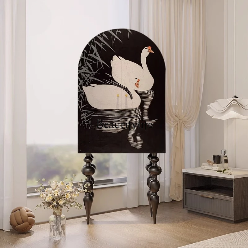

French medieval black and white swan painting living room household solid wood bucket cabinet