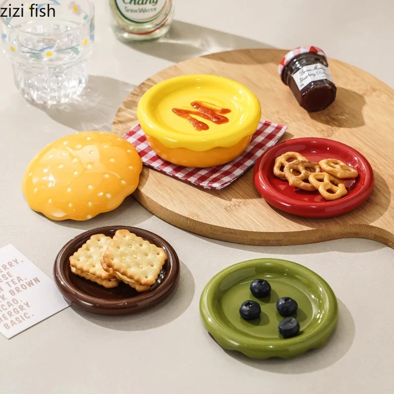 

Cute Burger Ceramic Plate Set Dipping Dish Seasoning Dish Snack Bowl Dessert Plate Dim Sum Dish Sauce Dishes Tasting Plates Tray