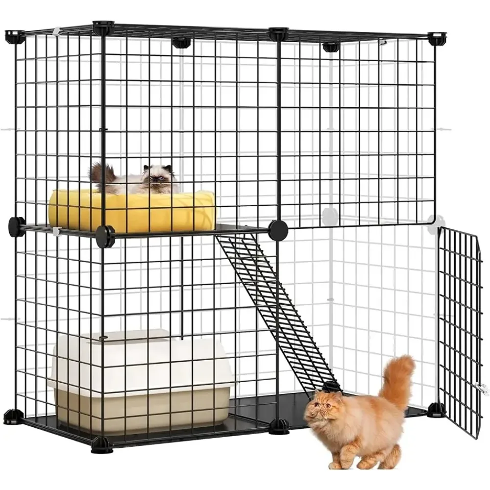 

2 Tier Large Indoor Cat Cage Crate, Kitten Kennel Condo with Ladder for Small Animals - Puppy Rabbit Bunny Squirrel, Black