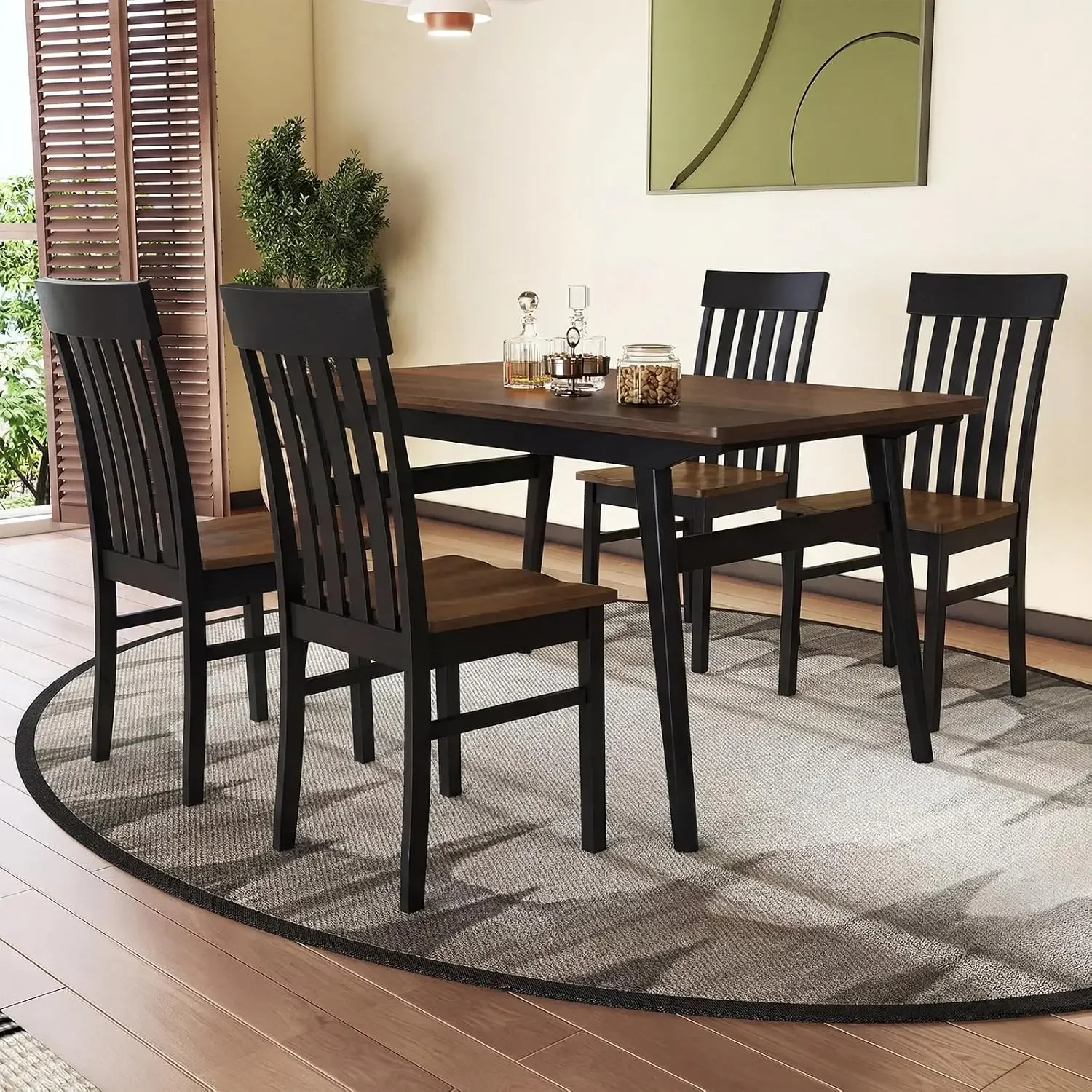 Wooden Dining Chairs Set of 4, Farmhouse Kitchen Chair with Hollowed Backrests & Rubber Wood Seats, Rustic Wood Side Chairs for