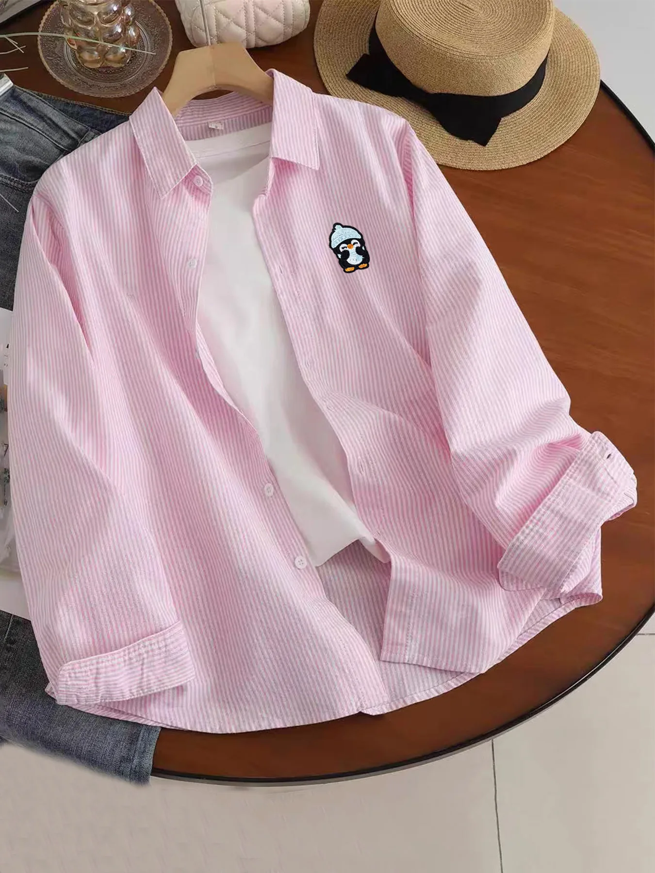 

Early Spring and Autumn New Trendy Men's Clothing Cartoon Penguin Pattern Striped Long Sleeve Shirt