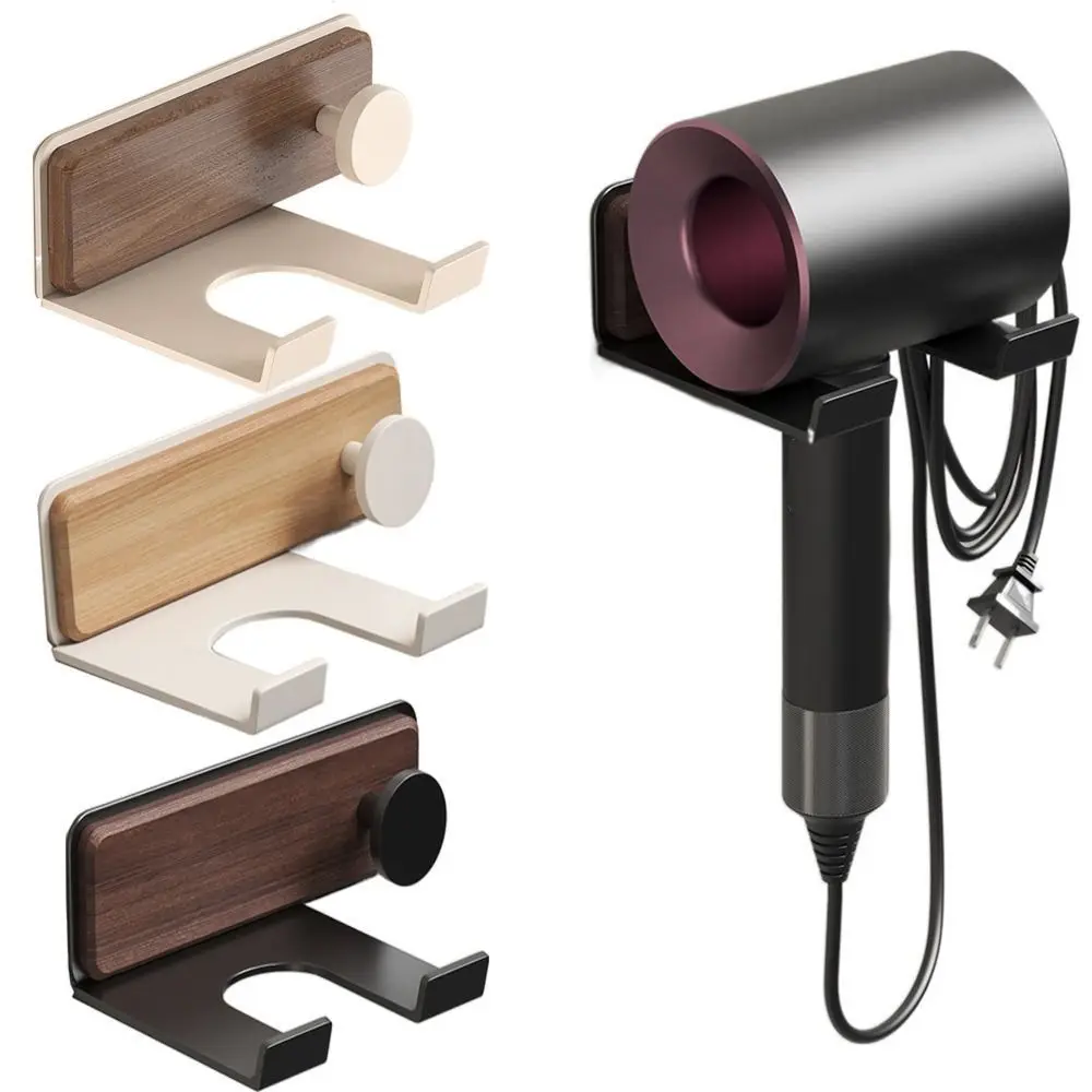 No Drilling Wood Hairdryer Holder Self Adhesive Wall Mount Bathroom Shelf Easy Installation Round Hook Hair Dryer Organizer