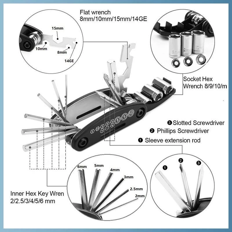 Juego de Herramientas mecánicas 16 en 1 para bicicleta de montaña, Kit de reparación de destornillador, llave múltiple, portátil, bolsillo de turismo